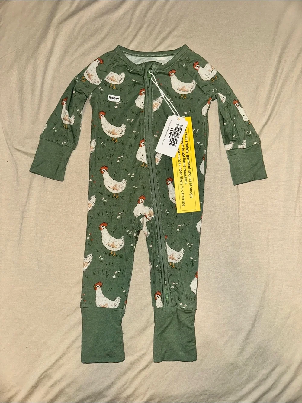 Green Hen-Print Zip Front Baby Footie Pajamas